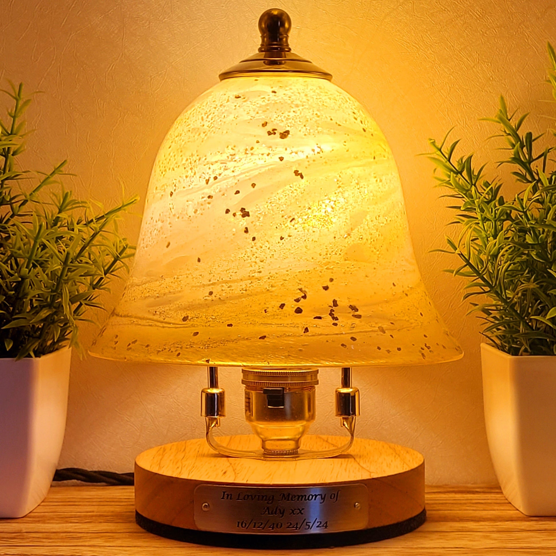 Small lamp with textured glass shade on a wooden base, surrounded by plants.