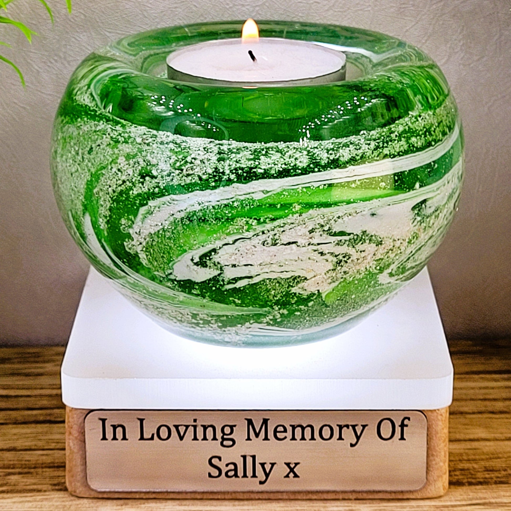 Memorial glass candle holder in green