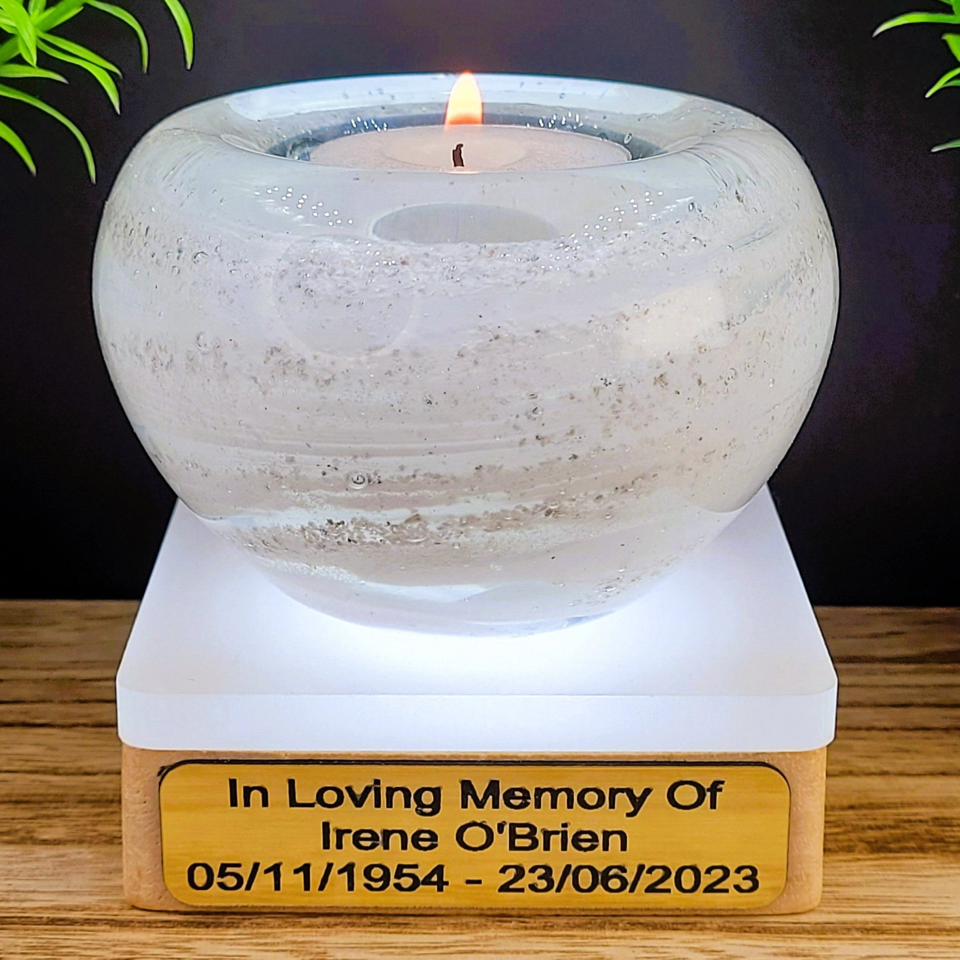 Memorial glass candle holder in white