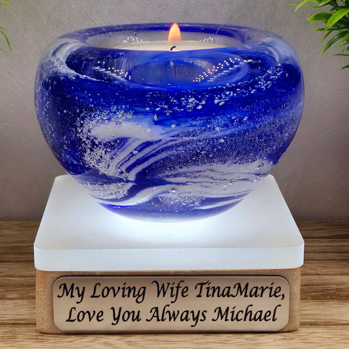 Memorial glass candle holder in blue