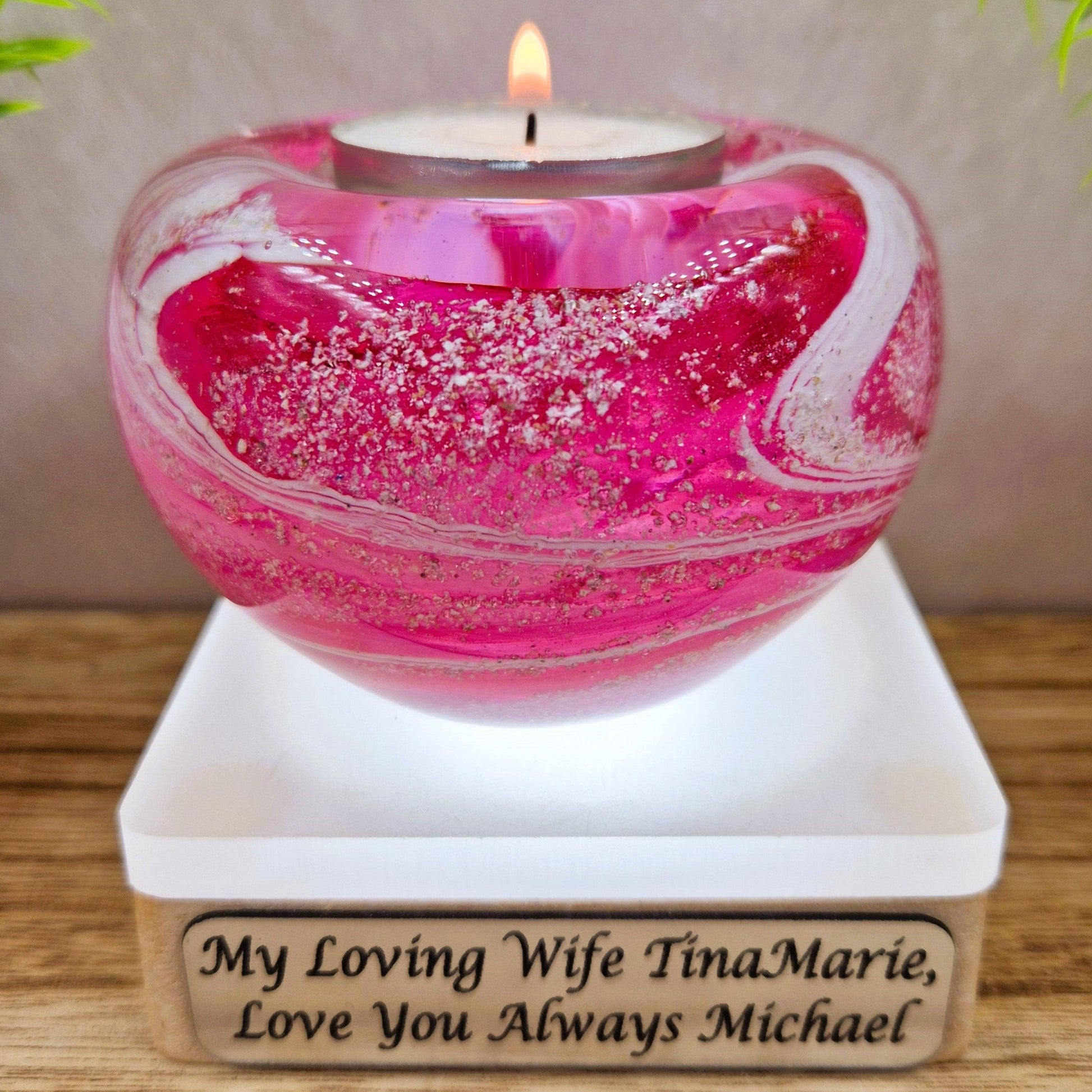 Memorial glass candle holder in ruby pink