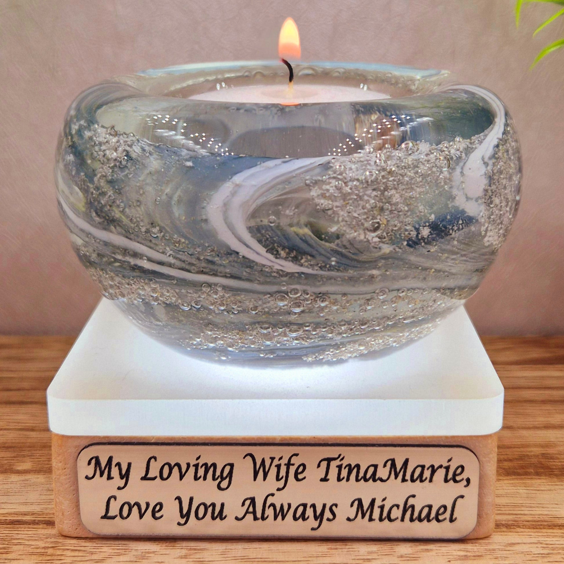 Memorial glass candle holder in grey