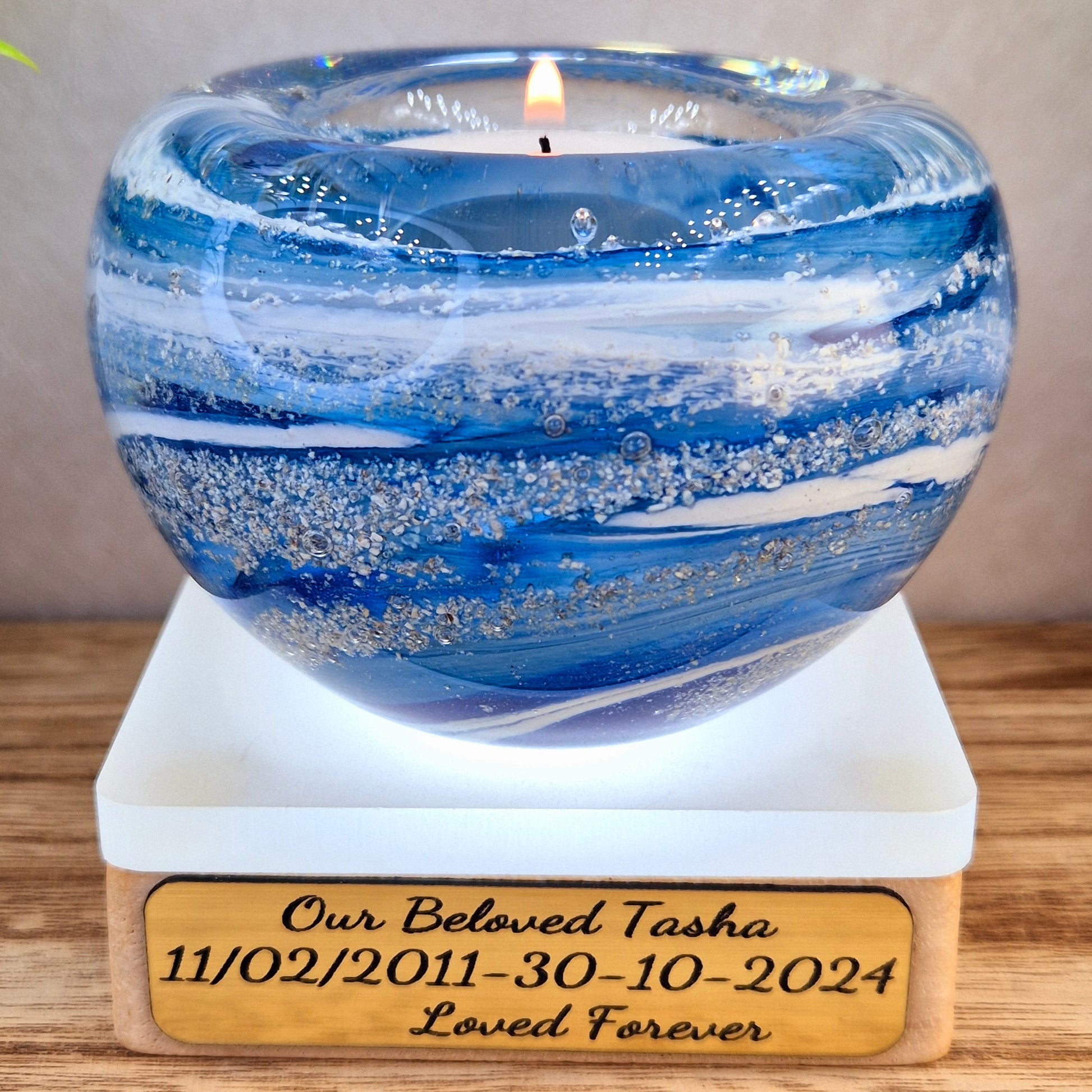 Memorial glass candle holder in aqua blue