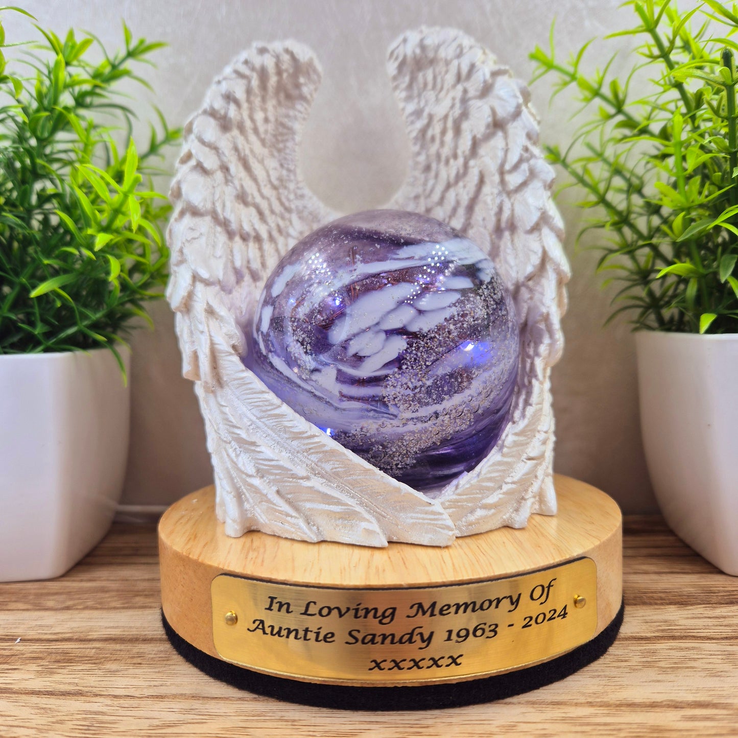 Ashes in glass memorial angel wings with orb lamp