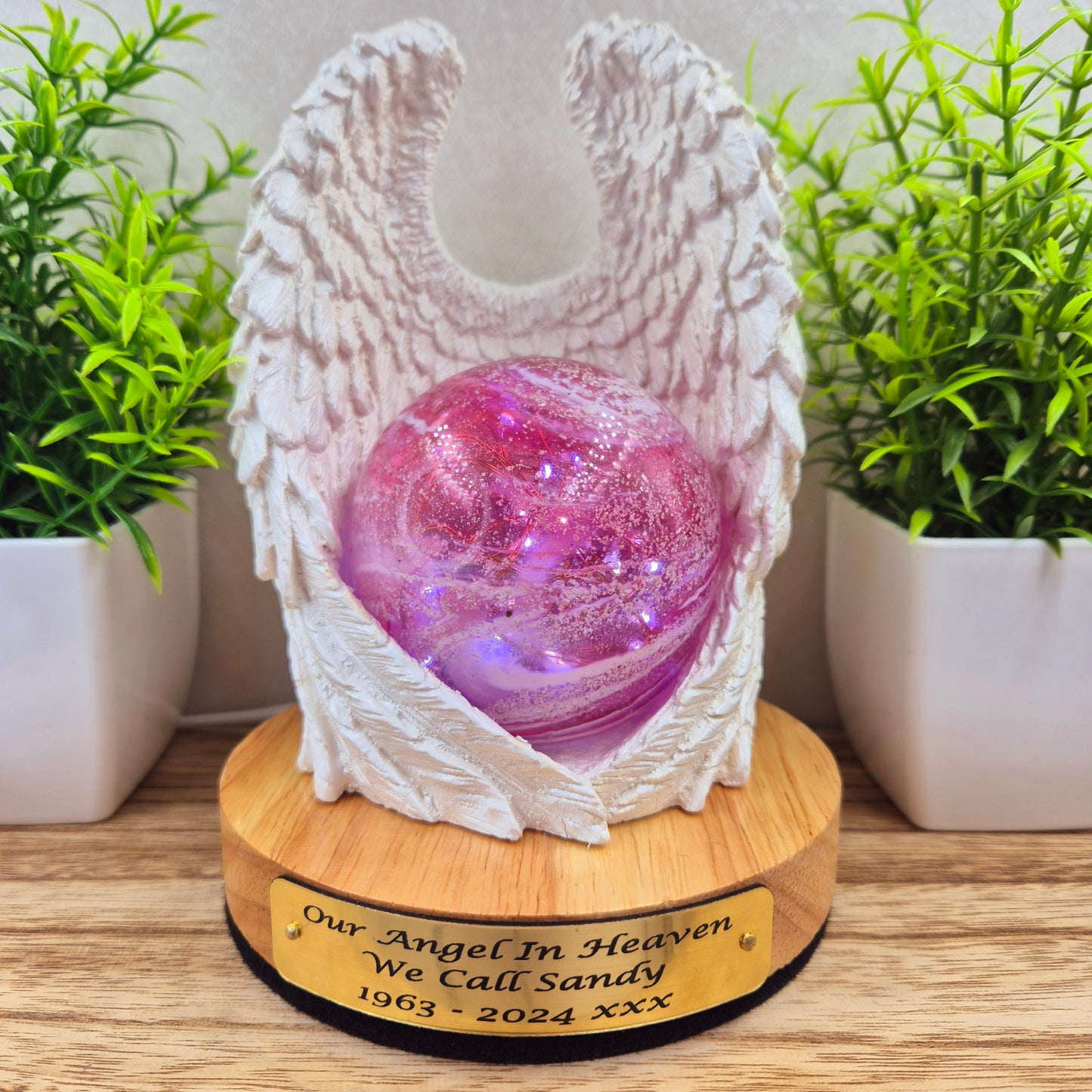 Ashes in glass memorial angel wings with orb lamp