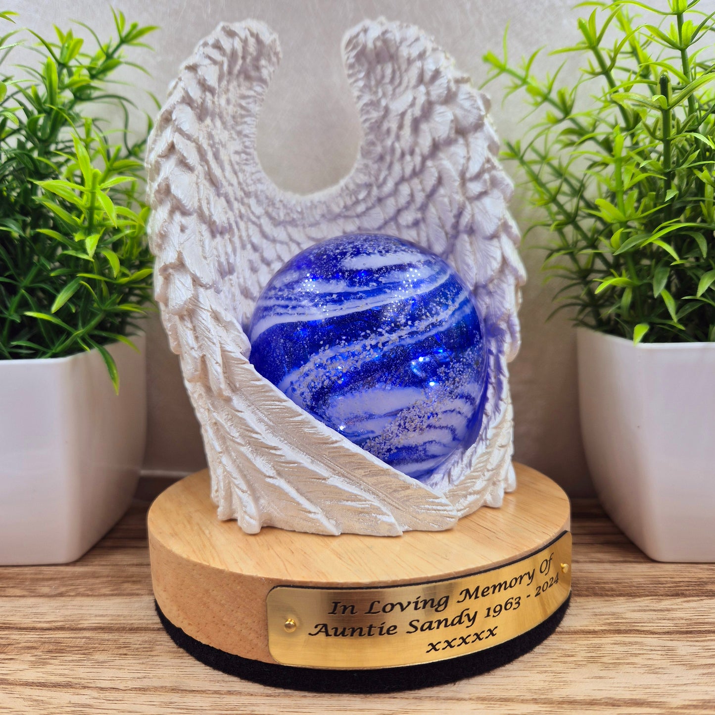 Ashes in glass memorial angel wings with orb lamp