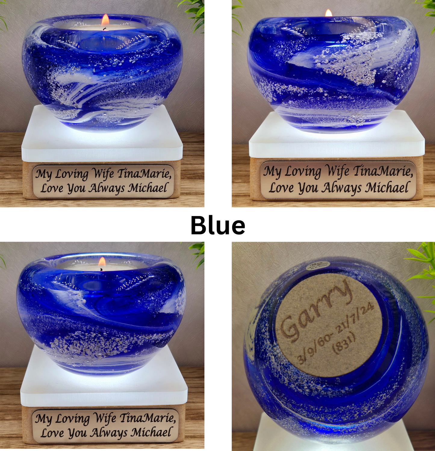 Memorial glass candle holder in blue