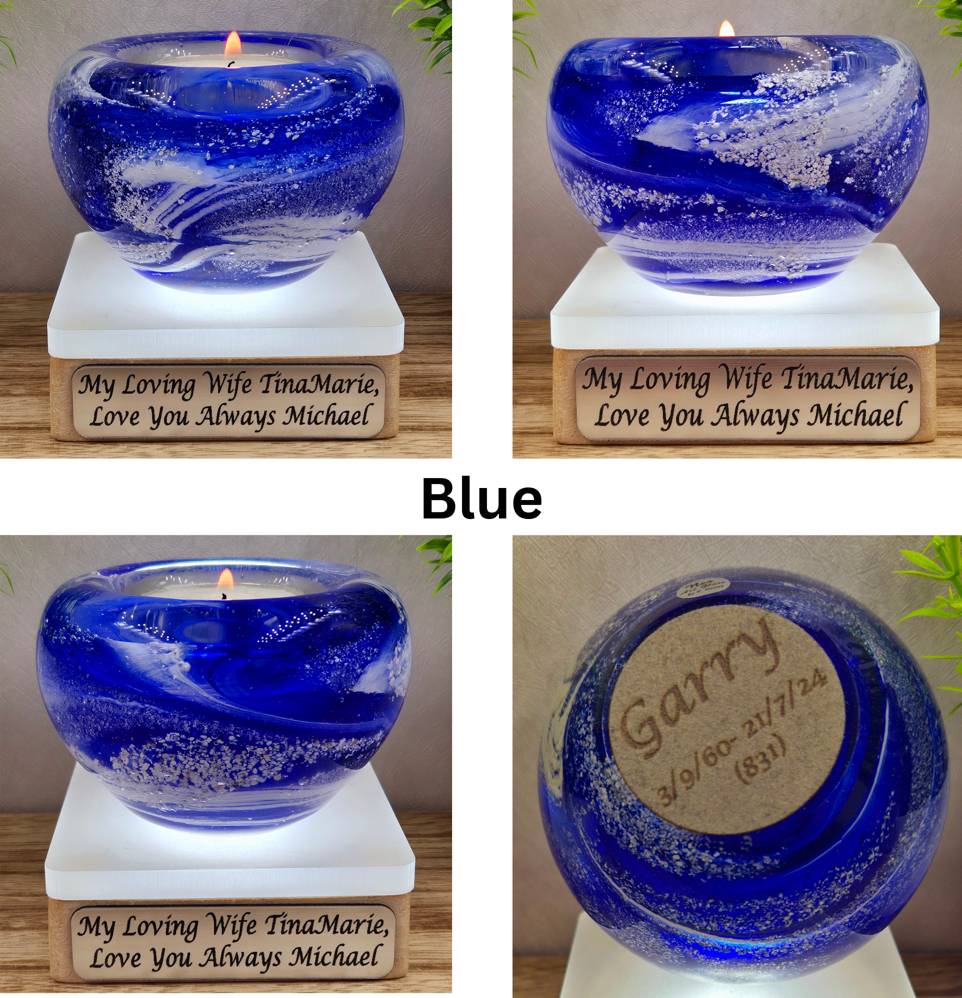 Memorial glass candle holder in blue