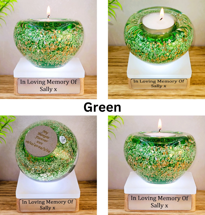 Ashes in glass tealight silver & gold flakes.