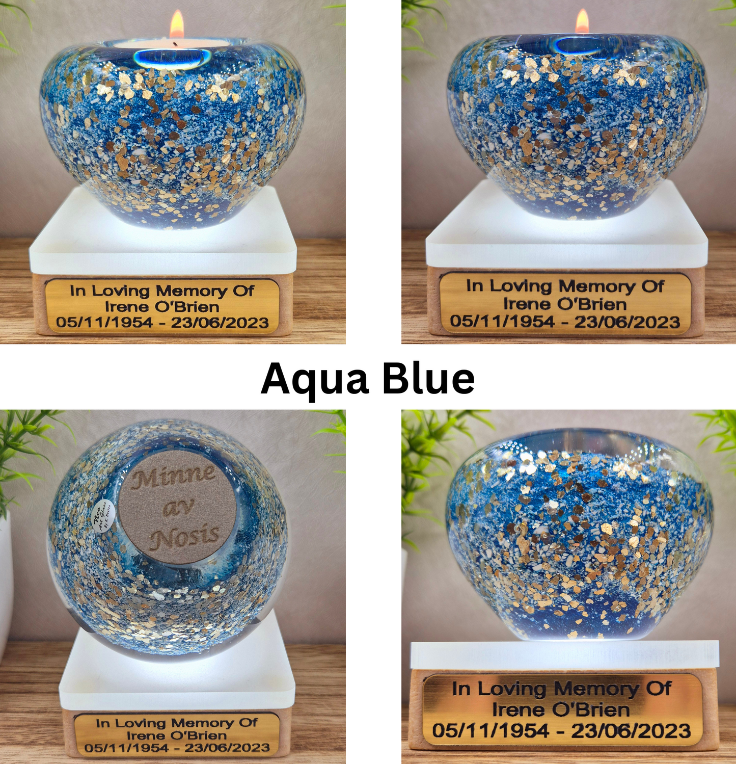 Ashes in glass tealight silver & gold flakes.