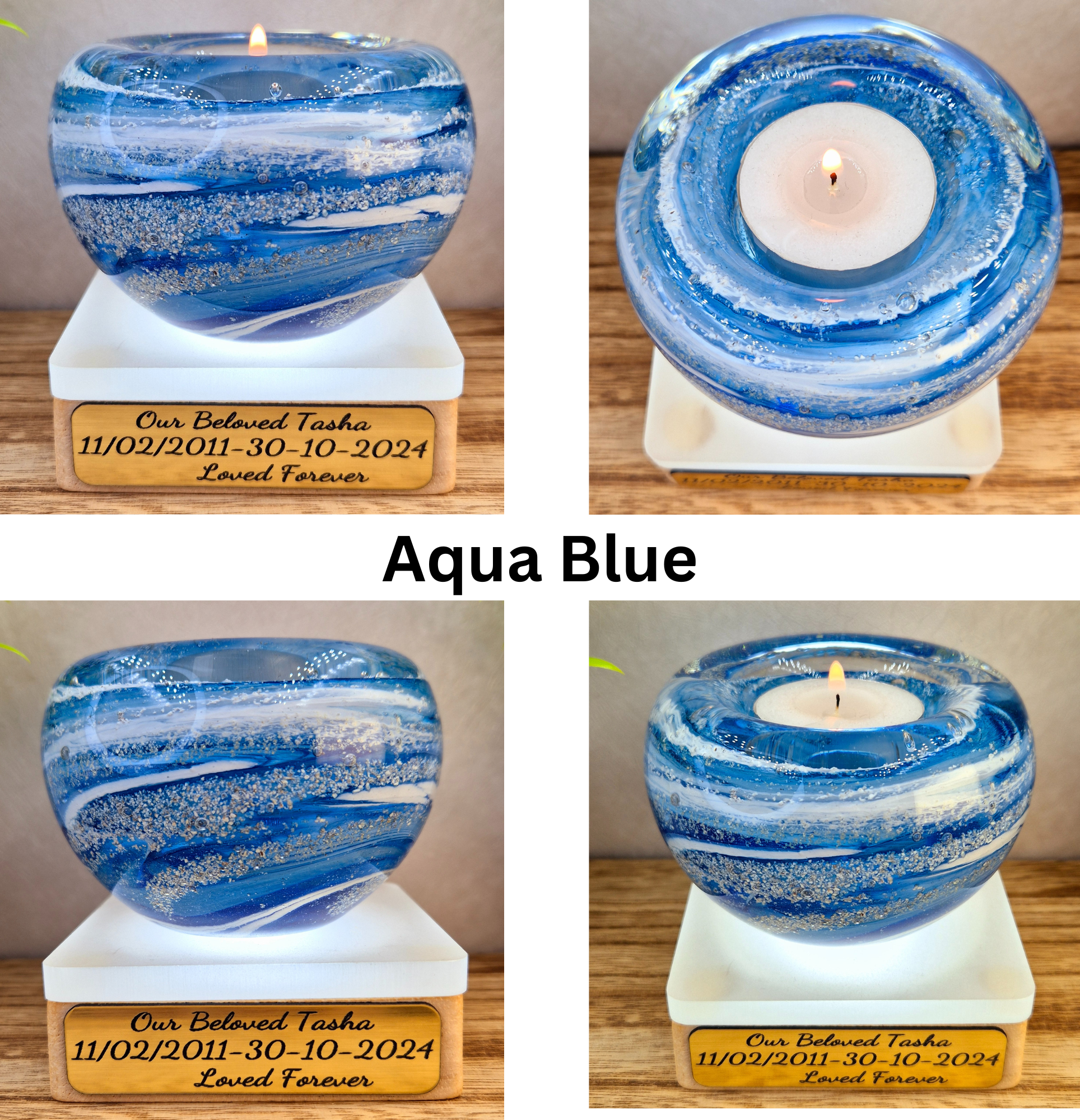 Memorial glass candle holder in aqua blue