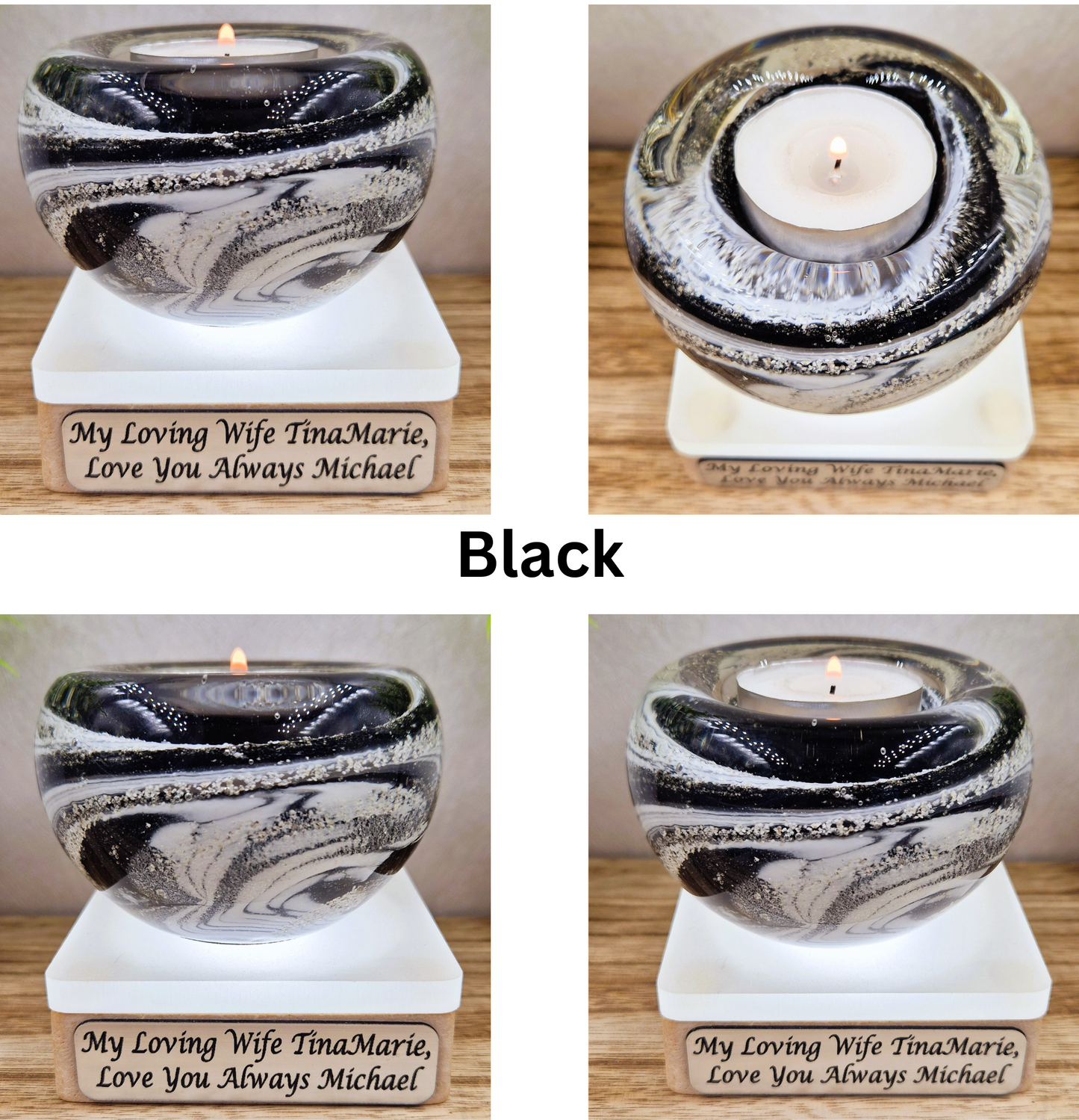 Memorial glass candle holder in black