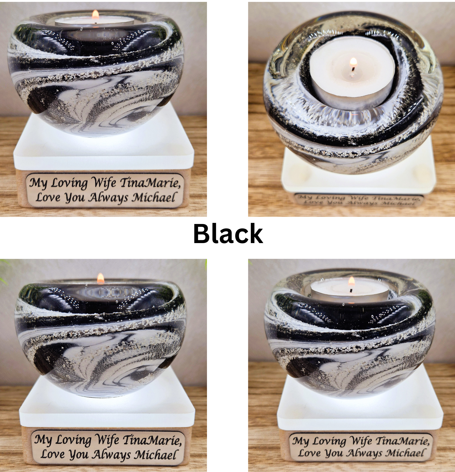 Memorial glass candle holder in black
