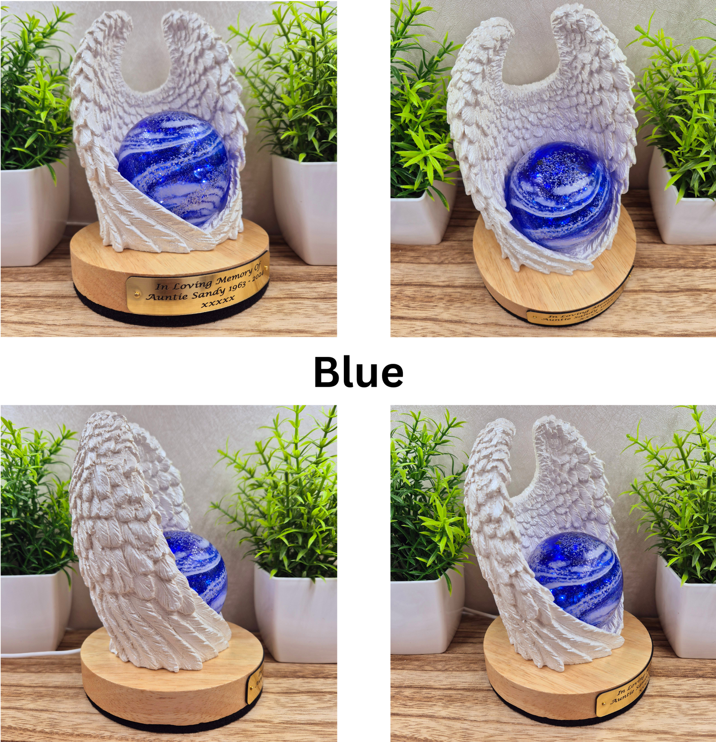 Ashes in glass memorial angel wings with orb lamp