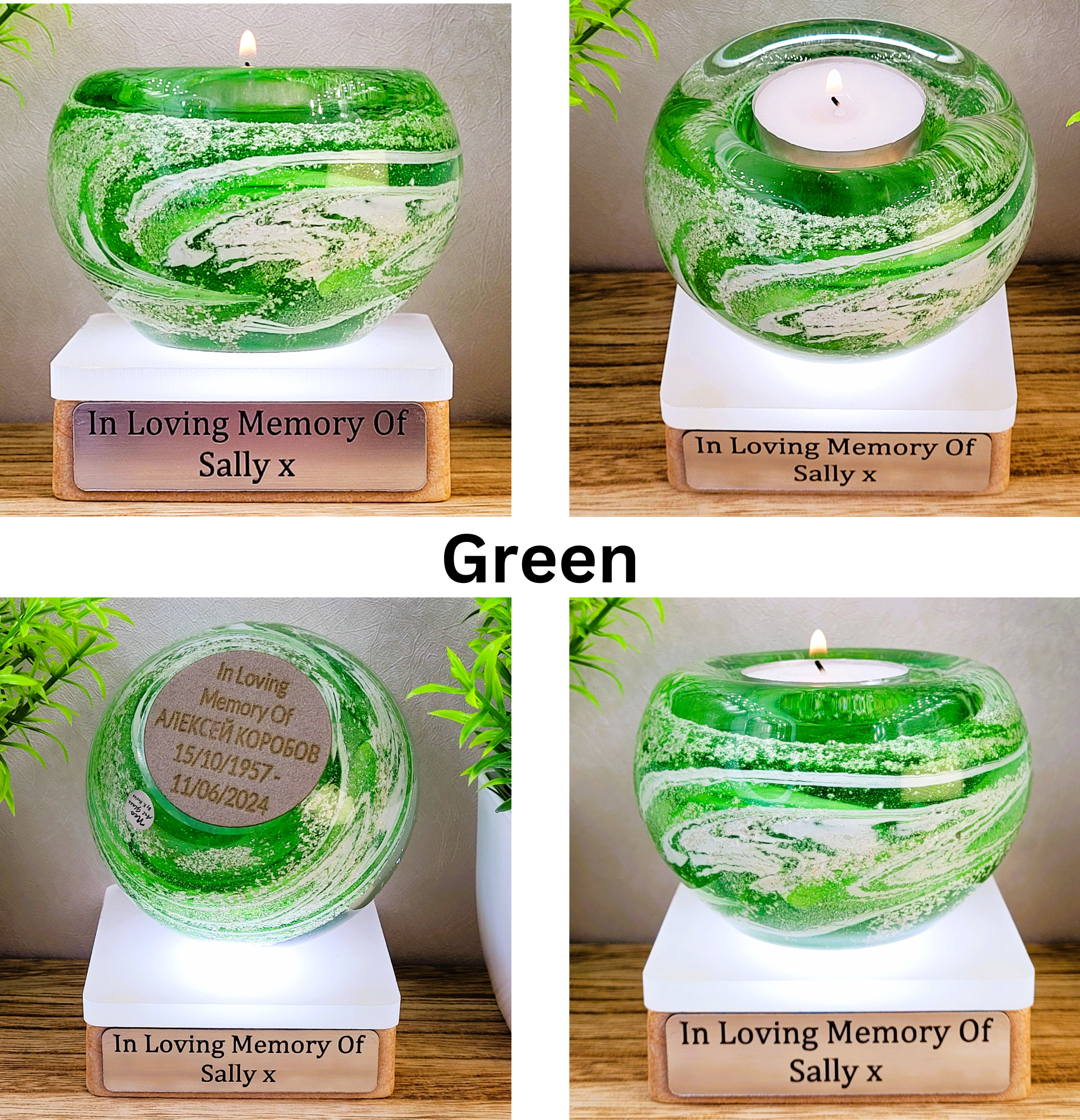 Memorial glass candle holder in green