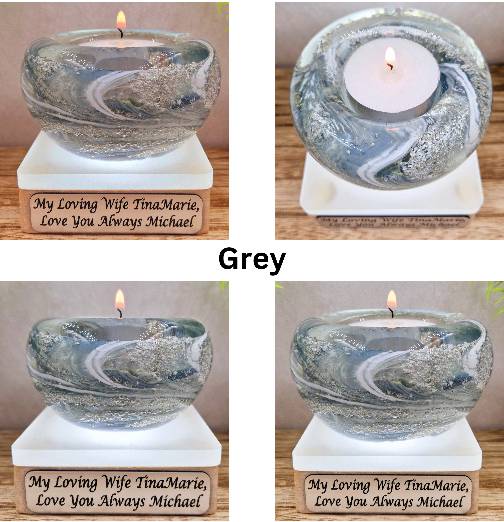 Memorial glass candle holder in grey