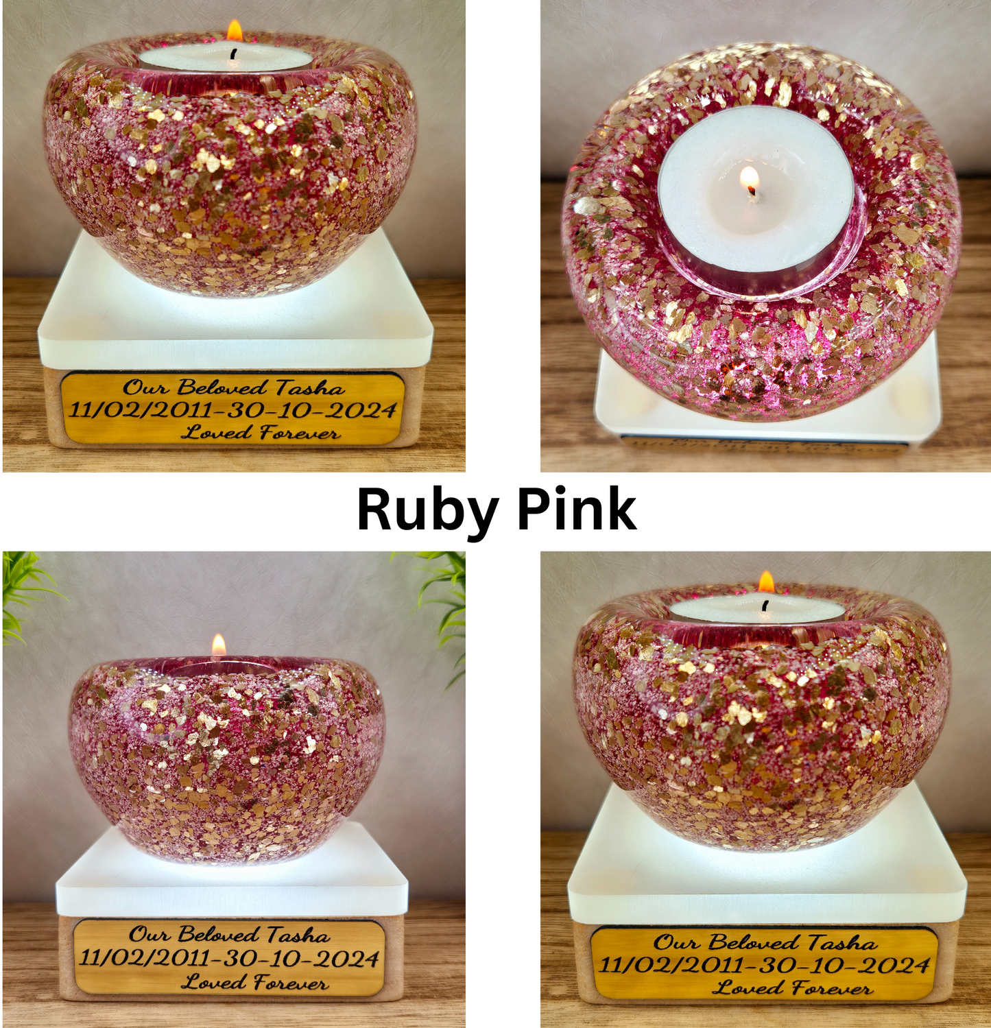 Ashes in glass tealight silver & gold flakes.