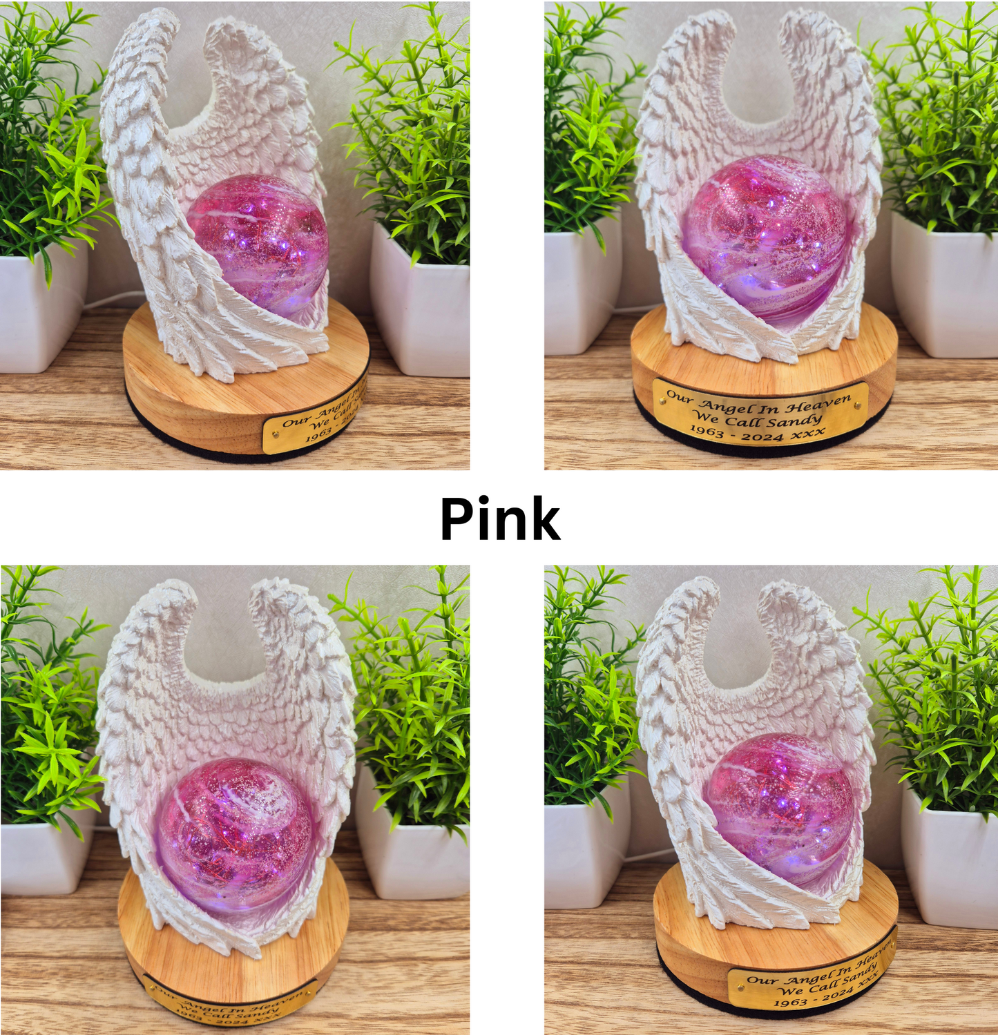 Ashes in glass memorial angel wings with orb lamp