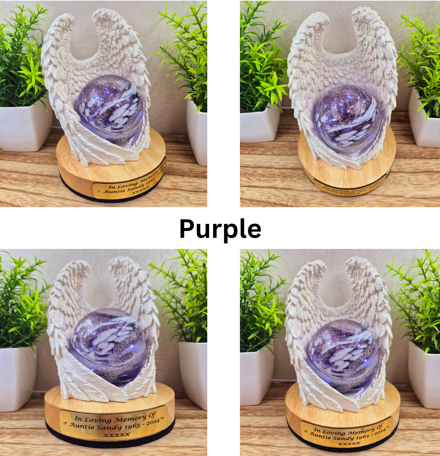 Ashes in glass memorial angel wings with orb lamp