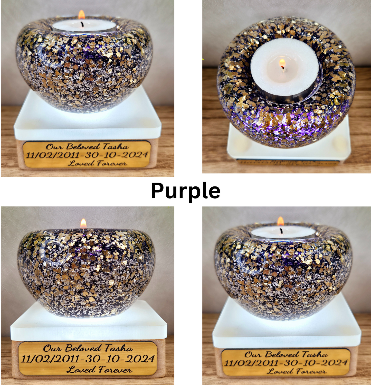 Ashes in glass tealight silver & gold flakes.