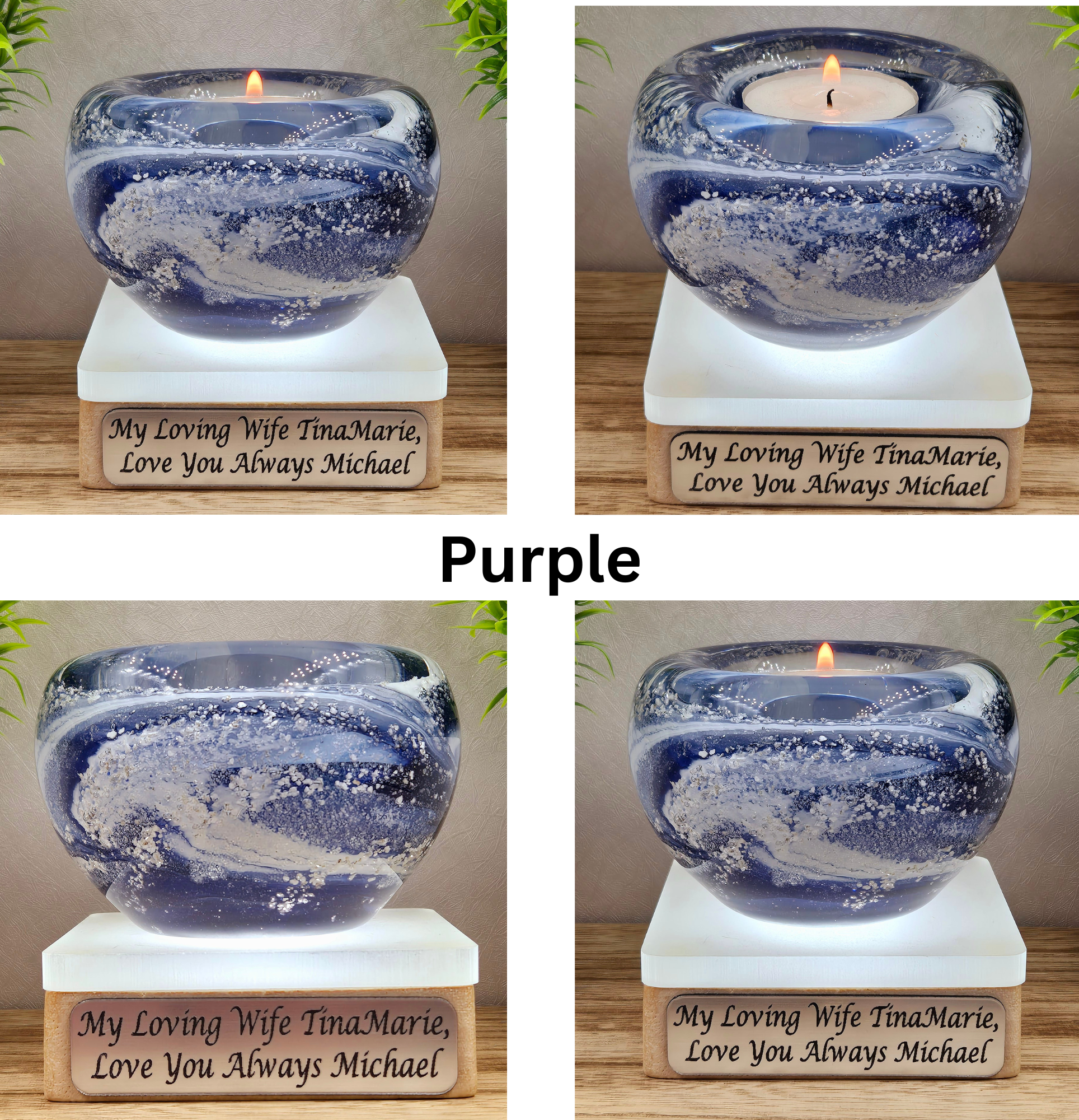 Memorial glass candle holder in purple