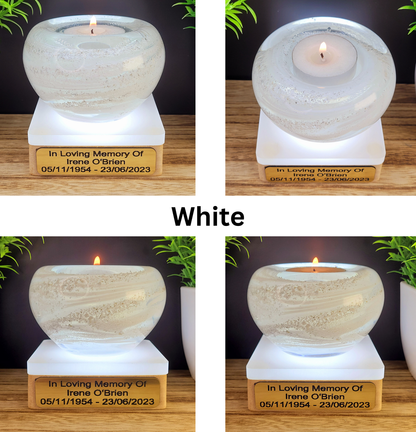 Memorial glass candle holder in white