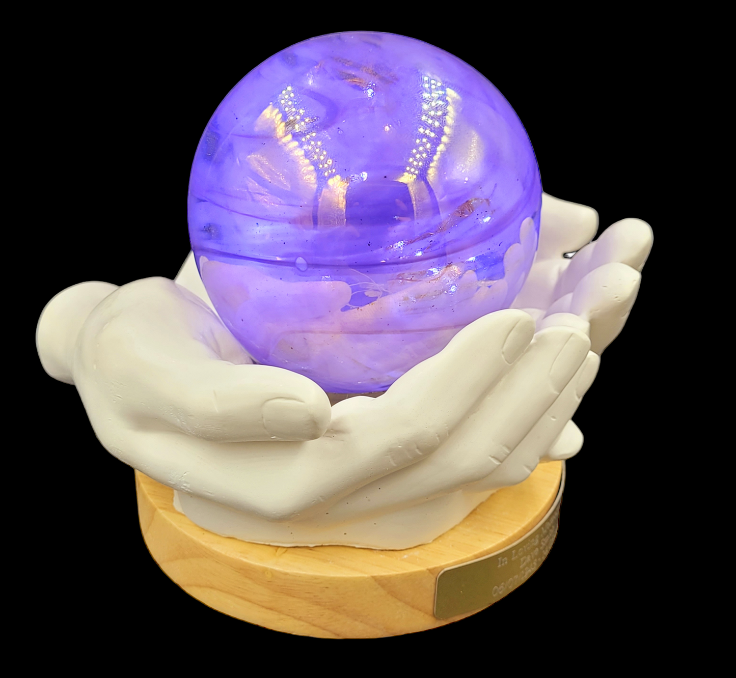 Ashes In Glass Light Up Stone Hands Holding Glass Orb