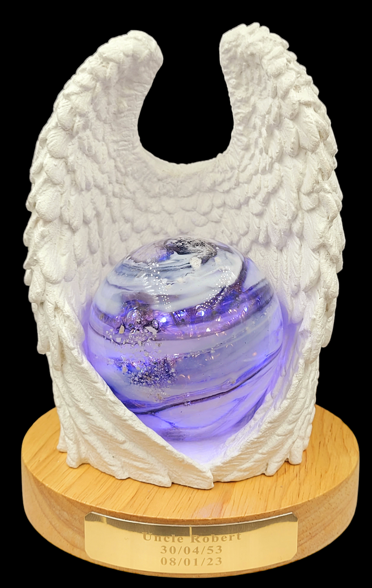 cremation ashes glass angel wings lamp