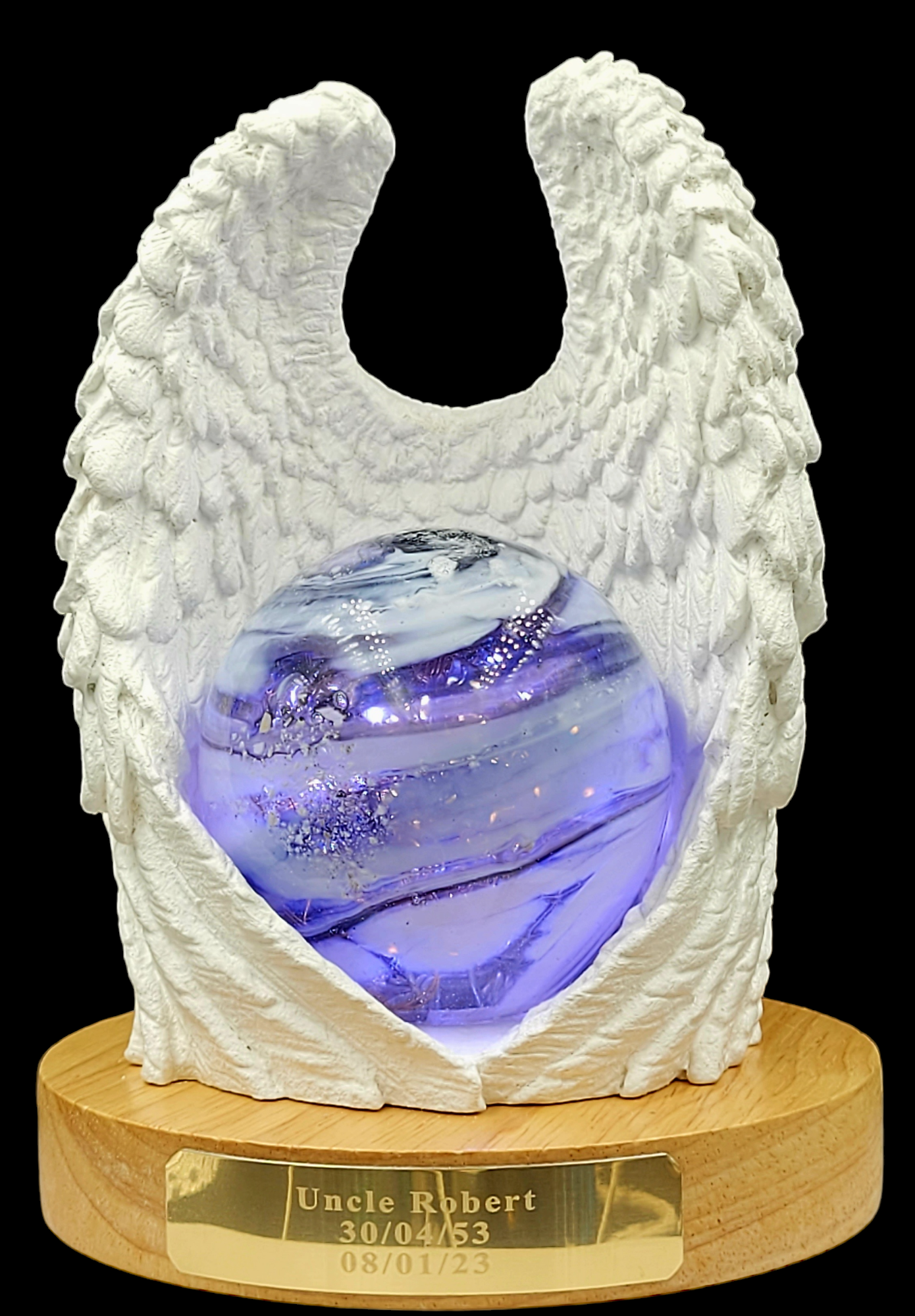 Ashes in glass memorial angel wings with orb lamp