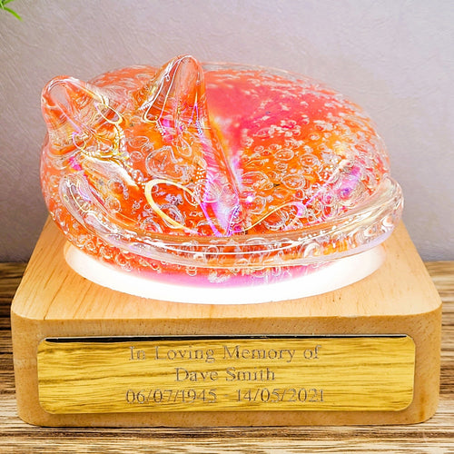 ginger ashes in glass memorial cat ornament with personalised plaque