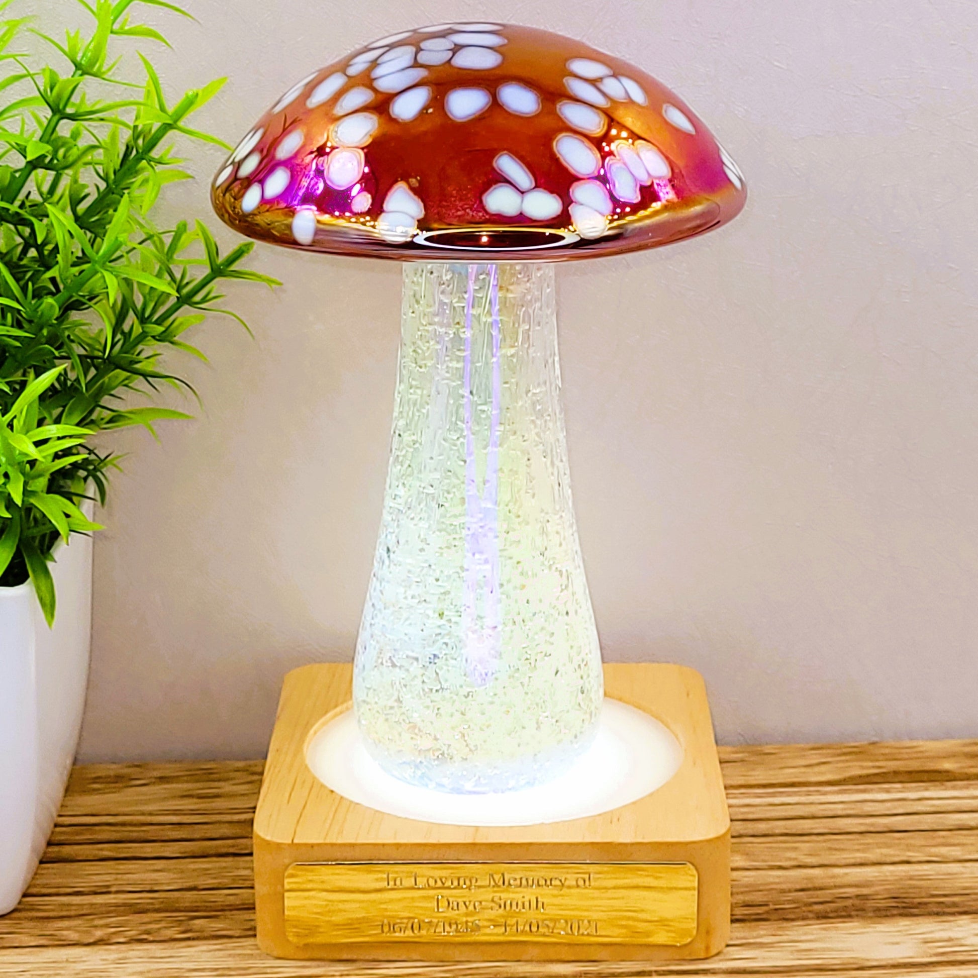 cremation ashes in glass red mushroom ornament