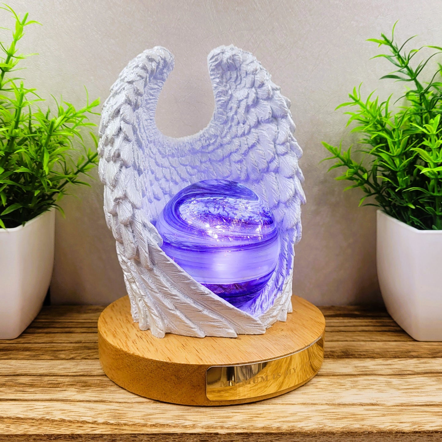 Ashes in glass memorial angel wings with orb lamp