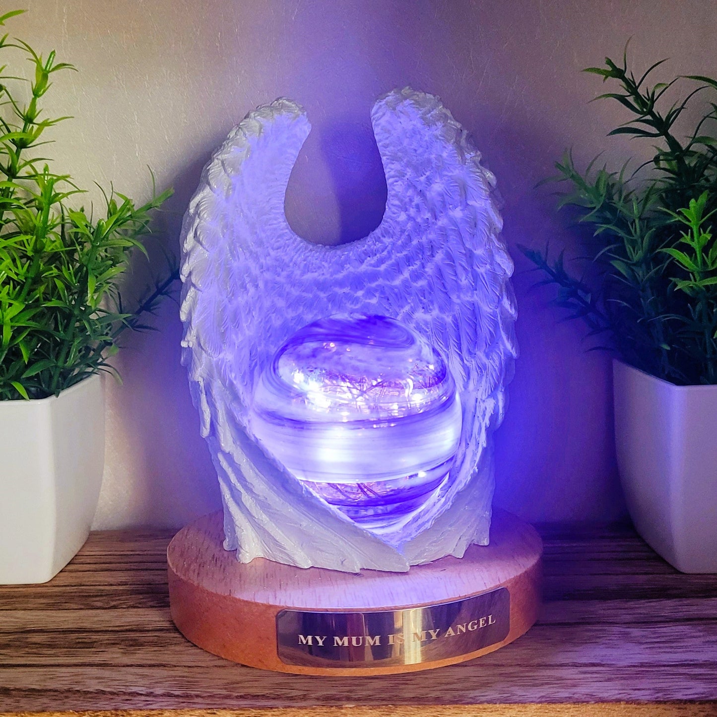 Ashes in glass memorial angel wings with orb lamp