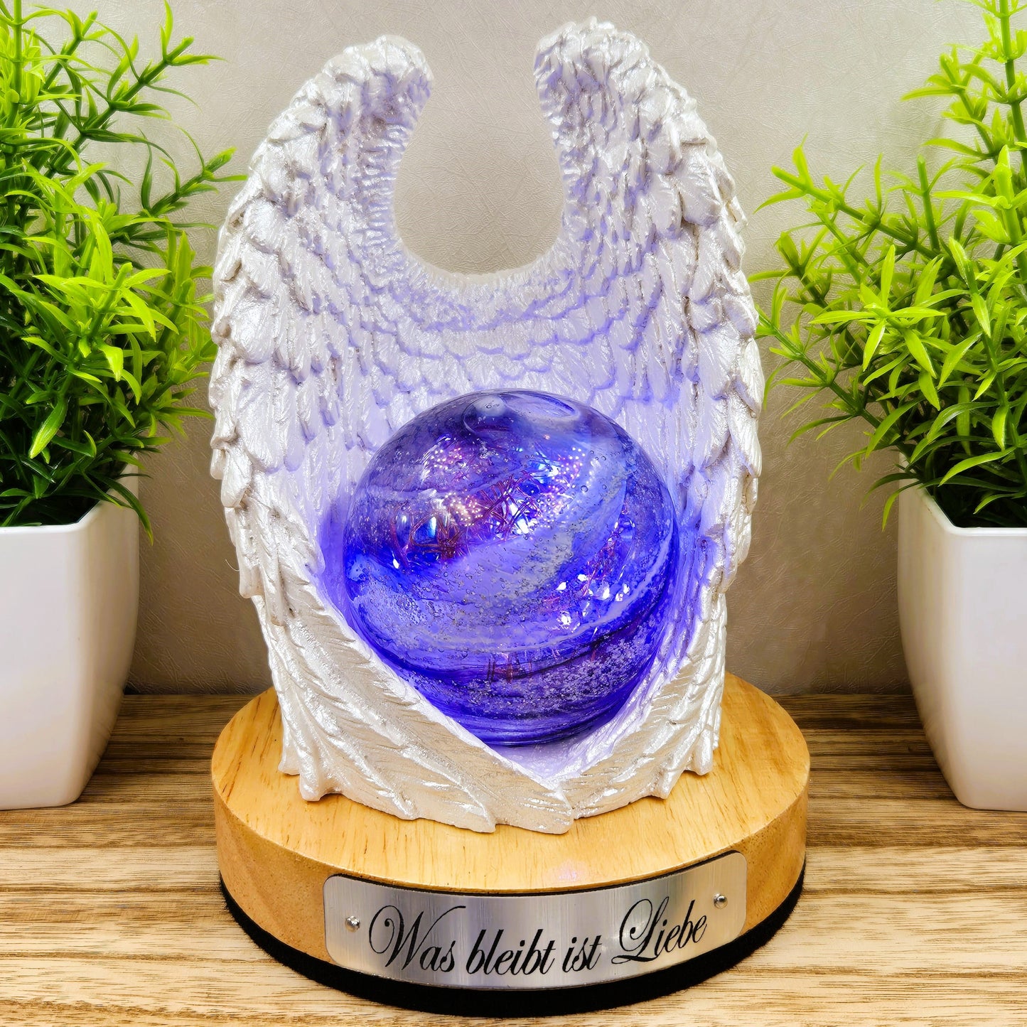 Ashes in glass memorial angel wings with orb lamp