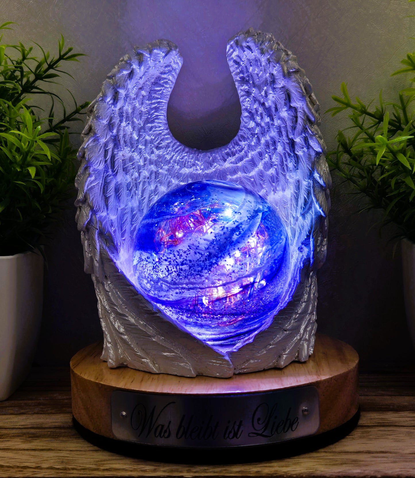 Ashes in glass memorial angel wings with orb lamp