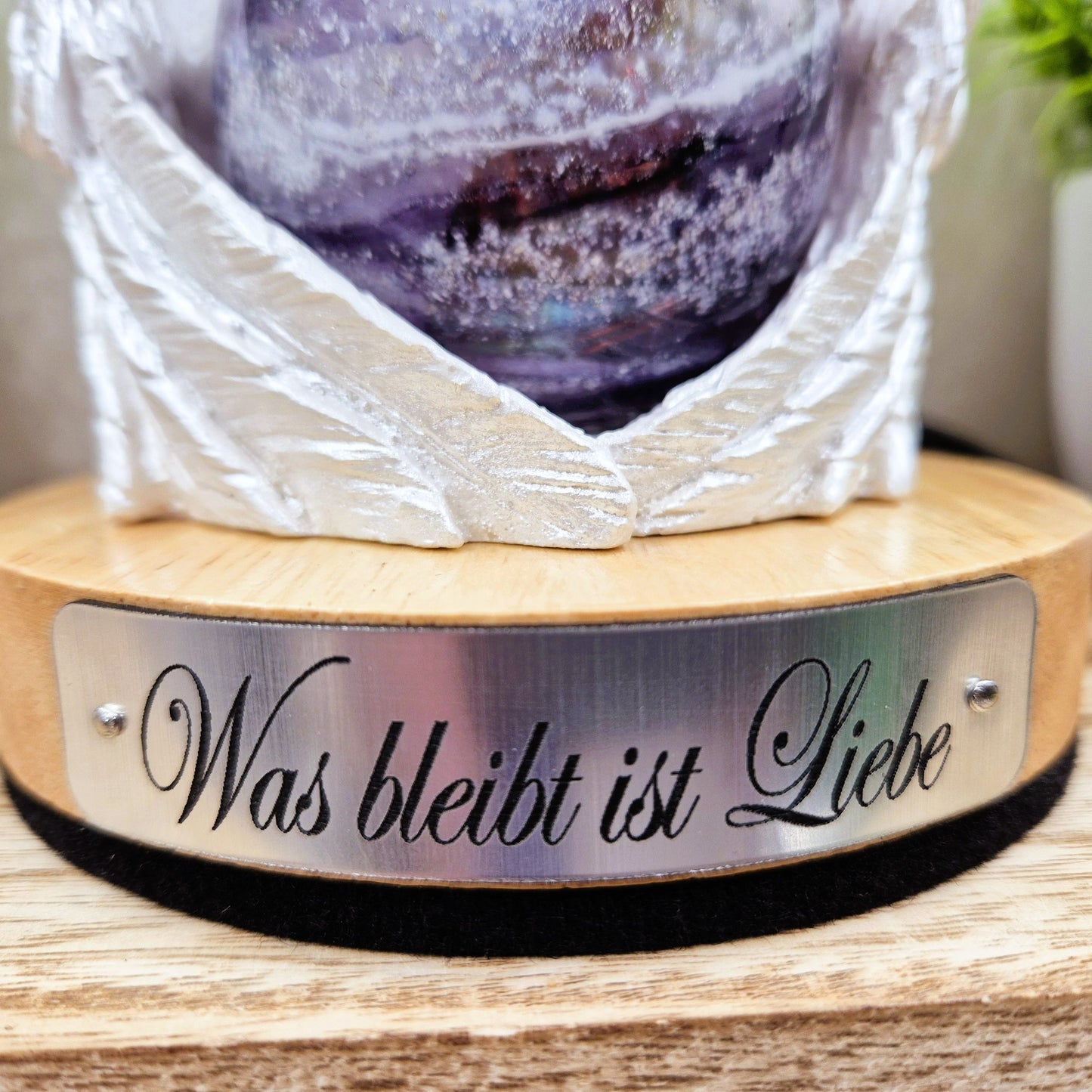 Ashes in glass memorial angel wings with orb lamp