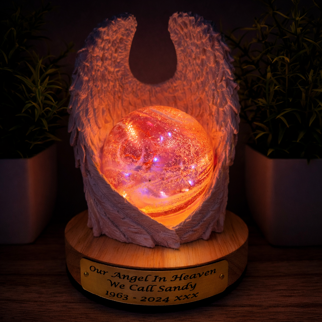 Ashes in glass memorial angel wings with orb lamp