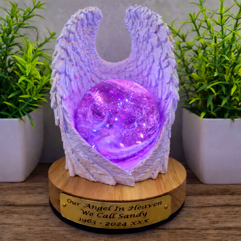 Ashes in glass memorial angel wings with orb lamp