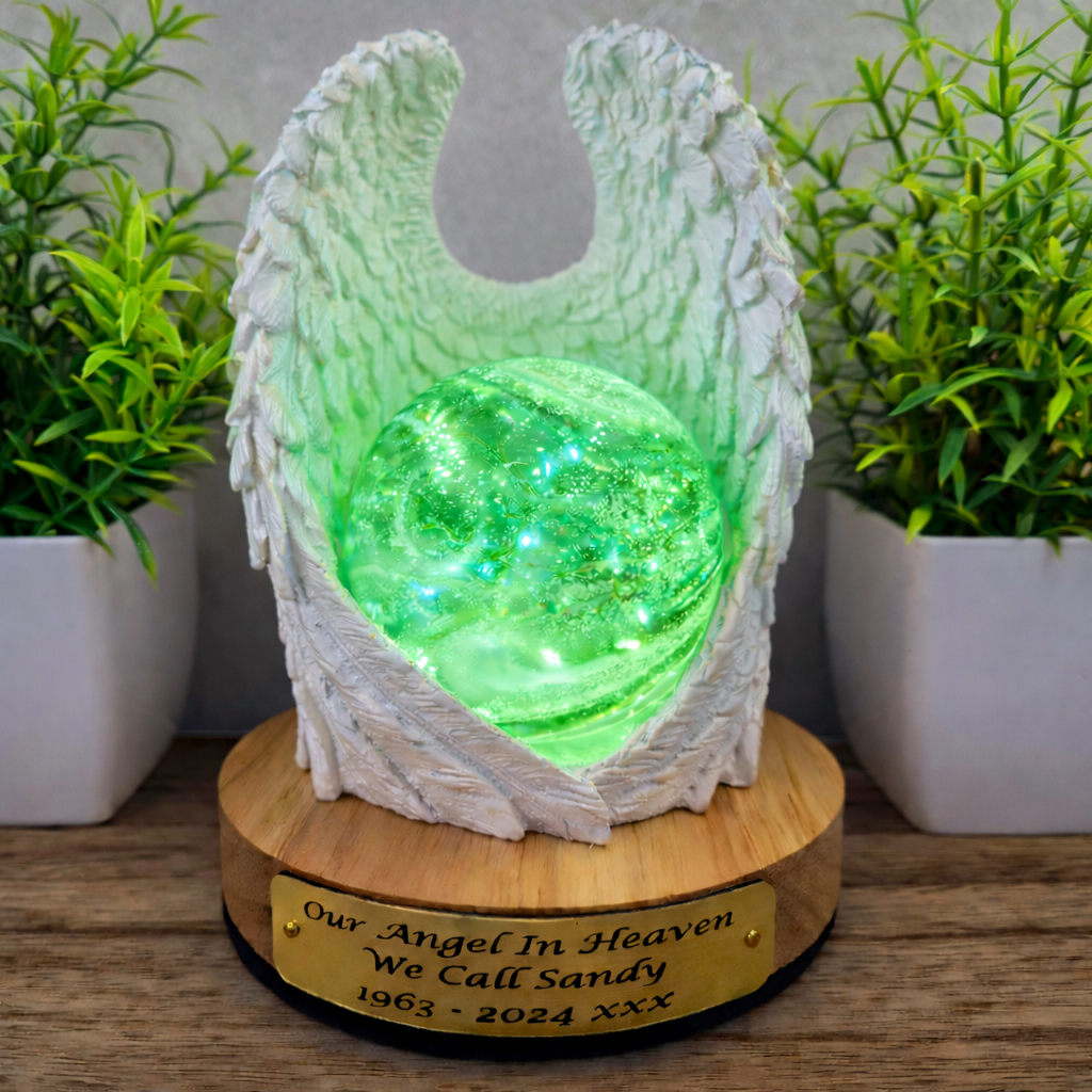 Ashes in glass memorial angel wings with orb lamp