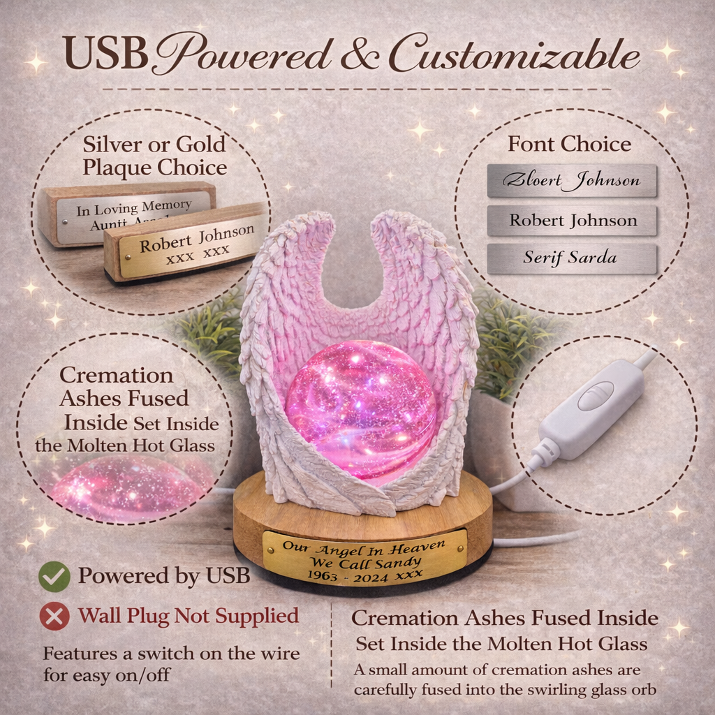 Ashes in glass memorial angel wings with orb lamp