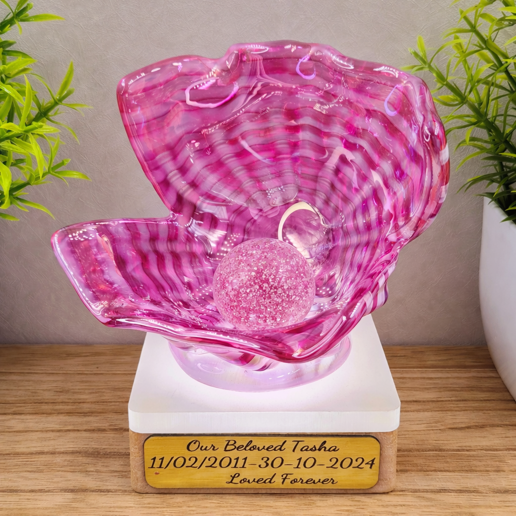 Memorial Oyster Shell with Cremation Ashes in Glass Pearl