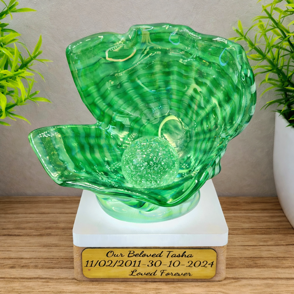 Memorial Oyster Shell with Cremation Ashes in Glass Pearl