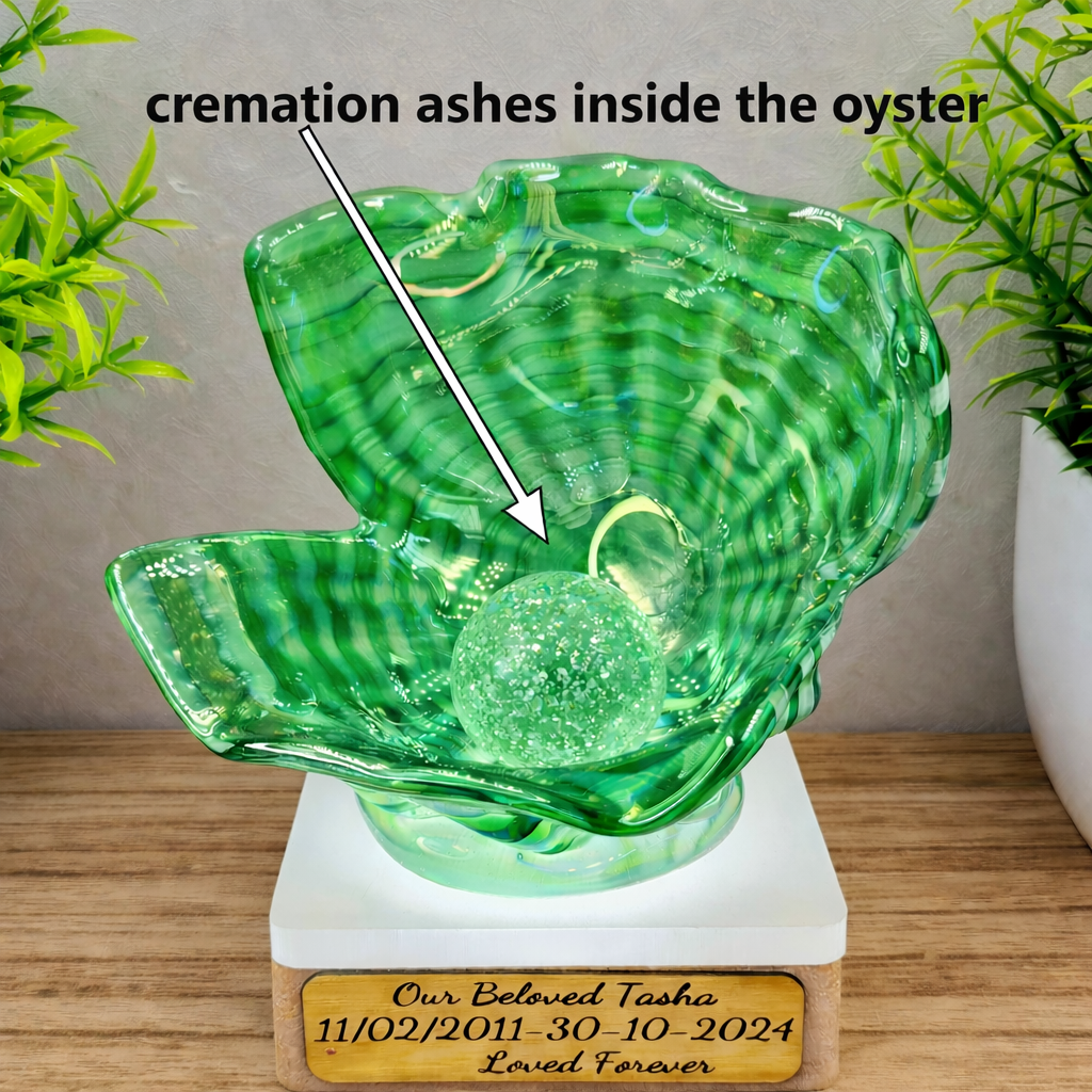 Memorial Oyster Shell with Cremation Ashes in Glass Pearl