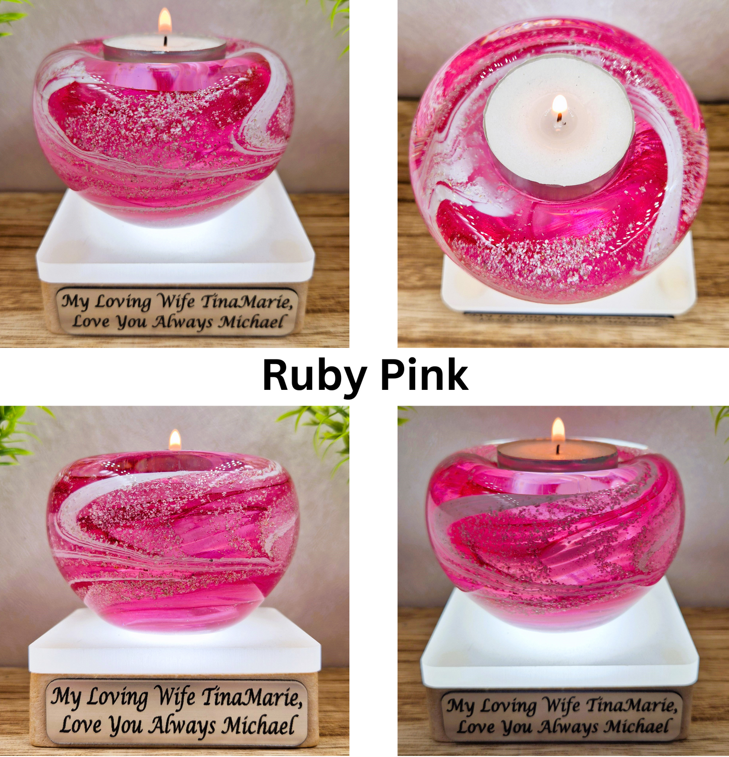 Memorial glass candle holder in ruby pink