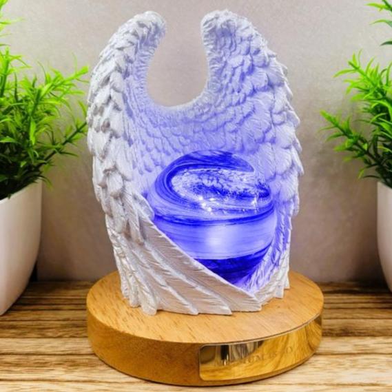 Ashes in glass memorial angel wings with orb lamp