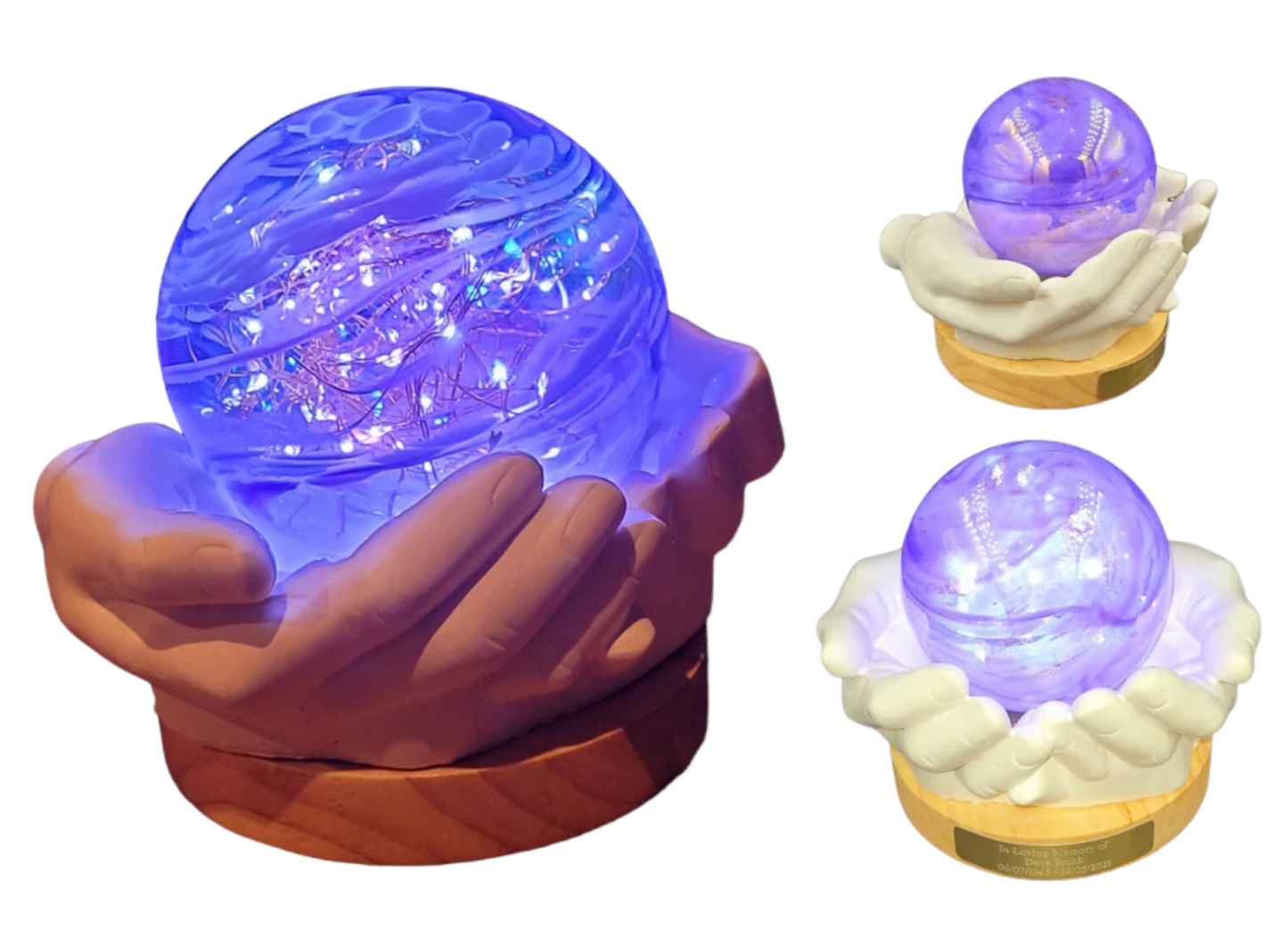 Ashes In Glass Light Up Stone Hands Holding Glass Orb