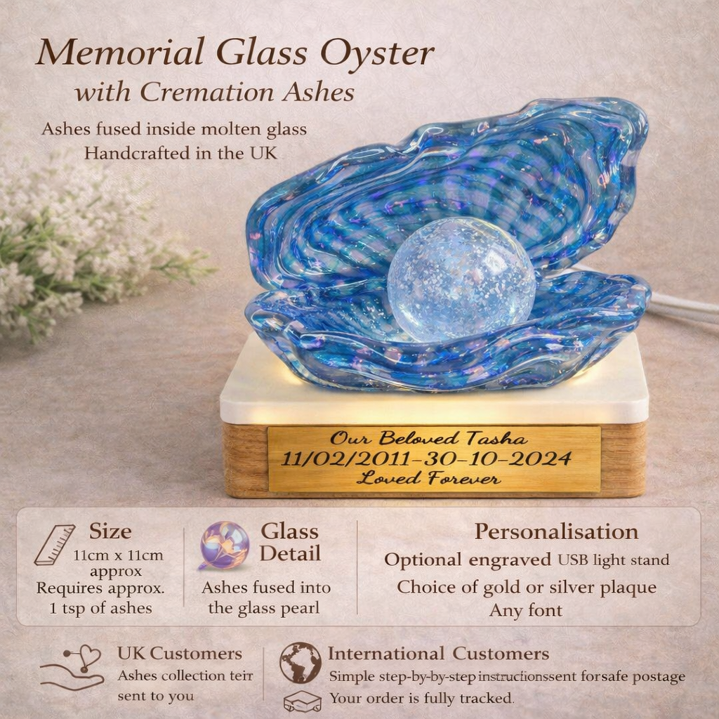 Memorial Oyster Shell with Cremation Ashes in Glass Pearl