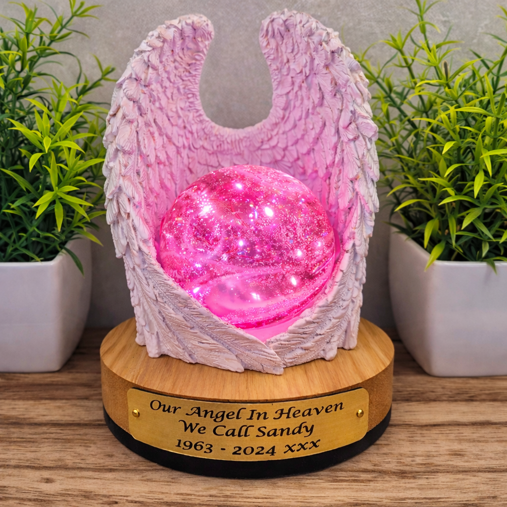 Ashes in glass memorial angel wings with orb lamp