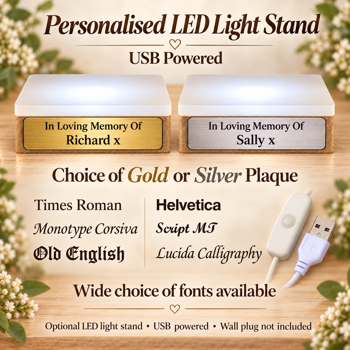 Wooden LED Display Light Stand Personalised Memorial Plaque
